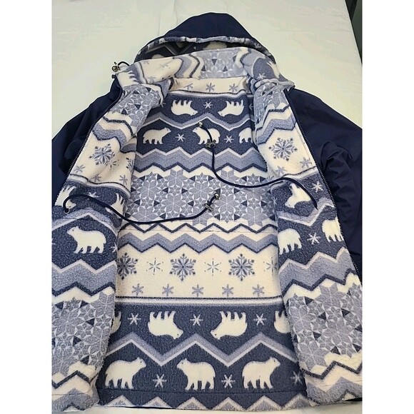 navy blue hooded anorak rain jacket with a polar bear print fleece lining. - Picture 5 of 6